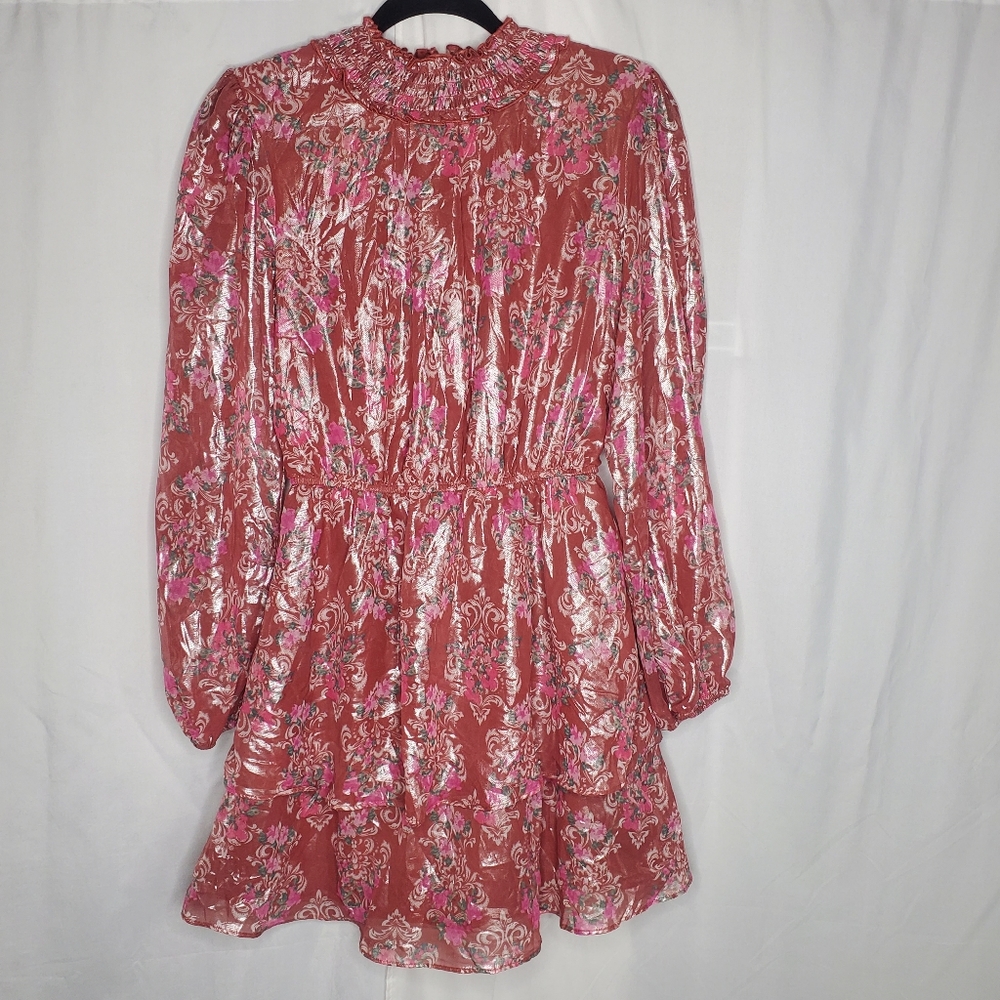 ♤ Crystal Doll Metallic Floral Tiered Ruffled High Neck Dress Size Medium